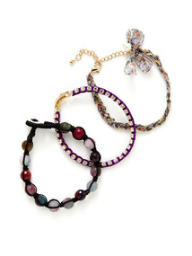 Set Of 3 Multicolor Agate, Braided Cord, & Purple Bracelets