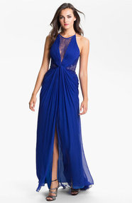 BCBGMAXAZRIA Lace Inset Textured Silk Chiffon Gown