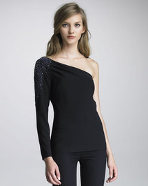 Trina Turk Ashoka Bead-Shoulder One-Sleeve Top