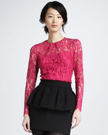 Milly Ivy Sheer-Top Lace Blouse, Fuchsia