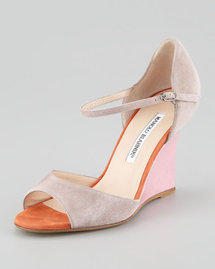 Manolo Blahnik Weldina Suede Mary Jane Patent Wedge Sandal, Taupe