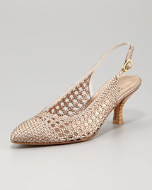 Stuart Weitzman Meeting Woven Leather Kitten-Heel Slingback, Beige