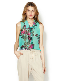 Sleeveless Curved Hem Button Down