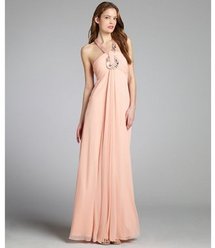 LM Collection peach chiffon crystal and bead embellished halter gown